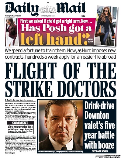 Daily Mail Newspaper Front Page for 12 February 2016