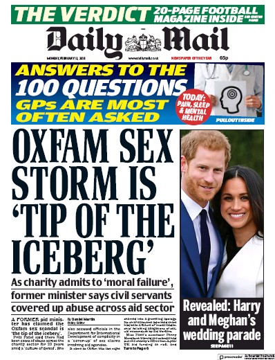 Daily Mail Newspaper Front Page for 12 February 2018