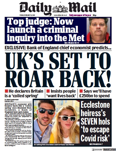 Daily Mail Newspaper Front Page for 12 February 2021