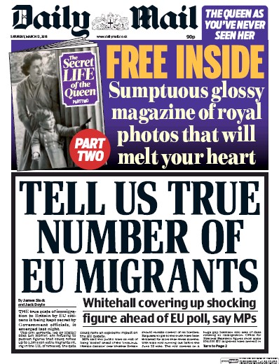 Daily Mail Newspaper Front Page for 12 March 2016