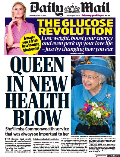 Daily Mail Newspaper Front Page for 12 March 2022