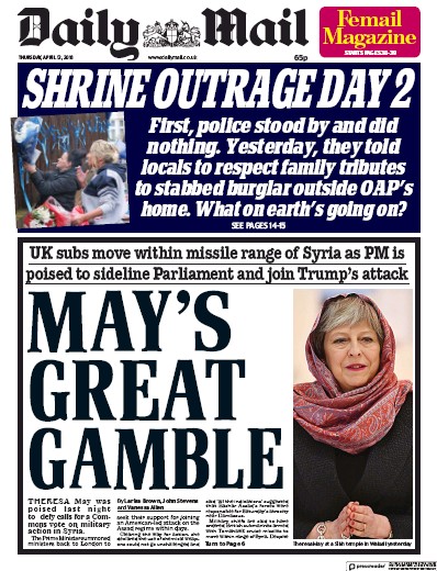 Daily Mail Newspaper Front Page for 12 April 2018