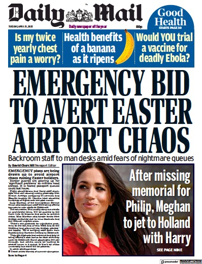 Daily Mail (UK) Newspaper Front Page for 12 April 2022