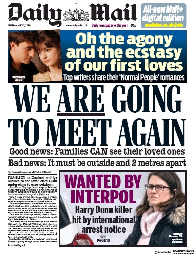 Daily Mail (UK) Newspaper Front Page for 12 May 2020