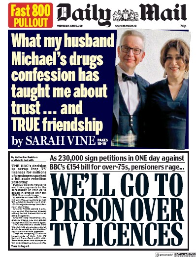 Daily Mail Newspaper Front Page for 12 June 2019