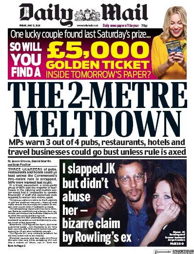 Daily Mail Newspaper Front Page for 12 June 2020