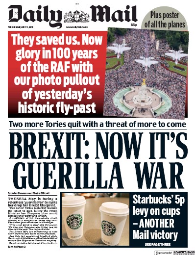 Daily Mail Newspaper Front Page for 12 July 2018