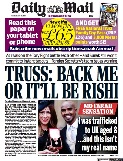 Daily Mail Newspaper Front Page for 12 July 2022