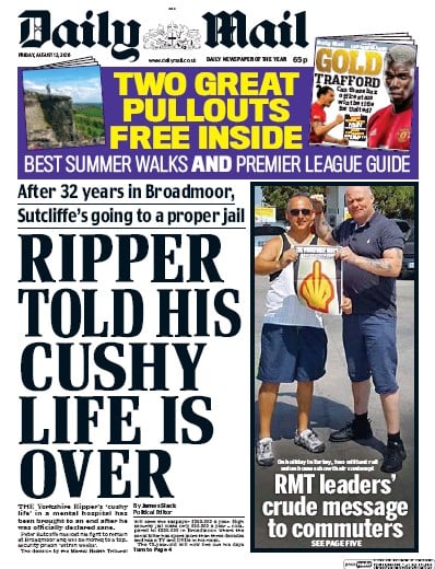 Daily Mail Newspaper Front Page for 12 August 2016