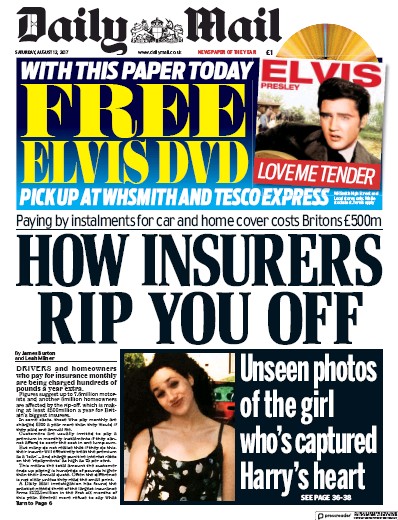 Daily Mail Newspaper Front Page for 12 August 2017