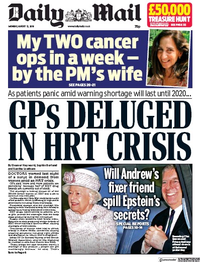 Daily Mail (UK) Newspaper Front Page for 12 August 2019