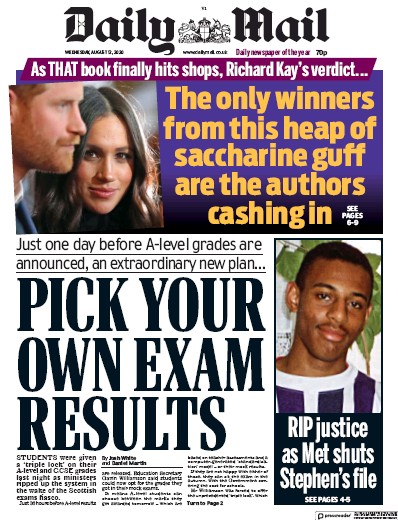 Daily Mail Newspaper Front Page for 12 August 2020