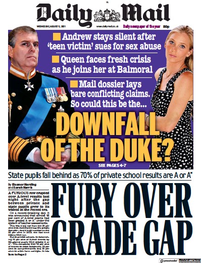 Daily Mail (UK) Newspaper Front Page for 12 August 2021