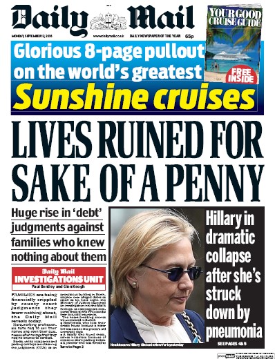 Daily Mail Newspaper Front Page for 12 September 2016