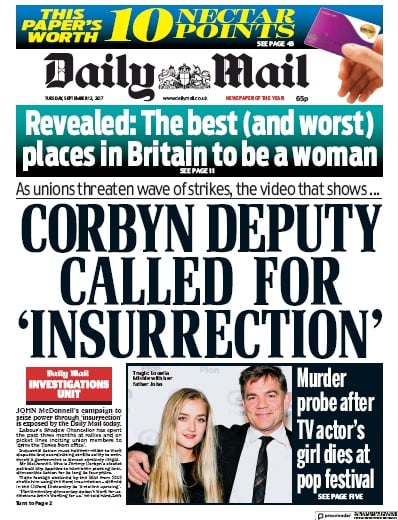 Daily Mail Newspaper Front Page for 12 September 2017