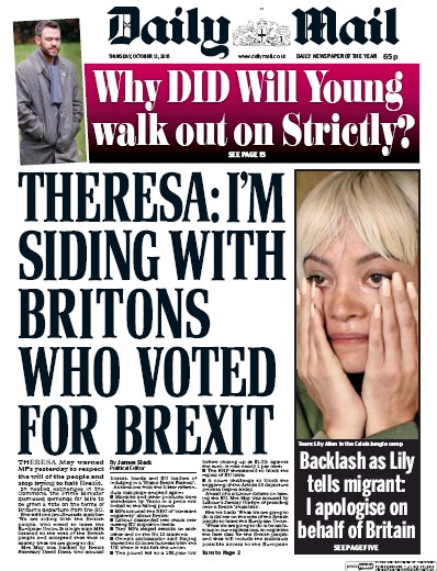 Daily Mail Newspaper Front Page for 13 October 2016