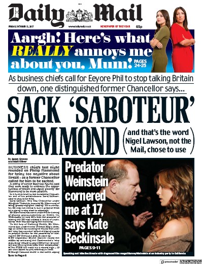 Daily Mail Newspaper Front Page for 13 October 2017