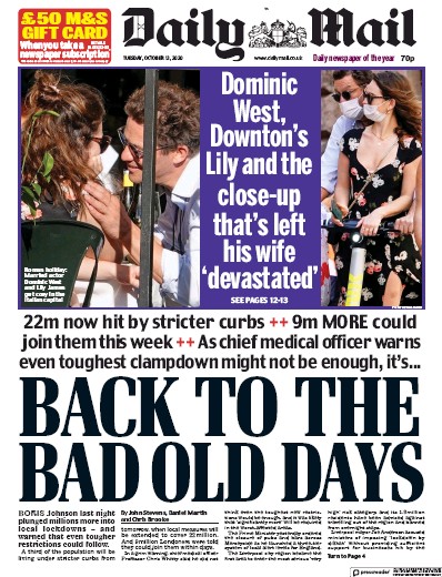 Daily Mail Newspaper Front Page for 13 October 2020