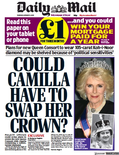 Daily Mail (UK) Newspaper Front Page for 13 October 2022