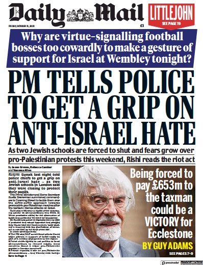 Daily Mail (UK) Newspaper Front Page for 13 October 2023