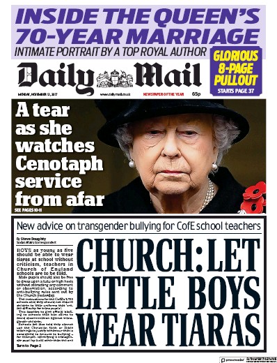 Daily Mail Newspaper Front Page for 13 November 2017