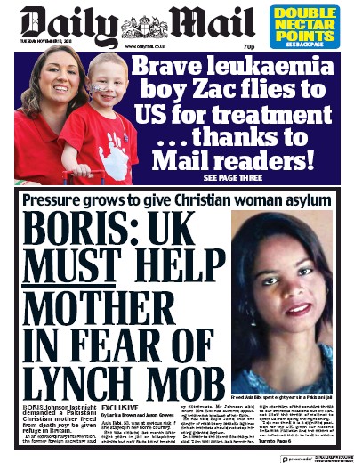 Daily Mail Newspaper Front Page for 13 November 2018