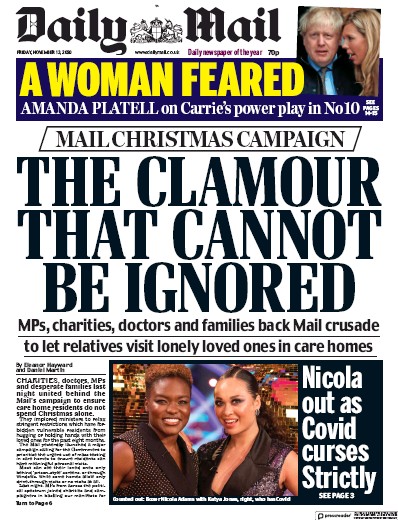 Daily Mail Newspaper Front Page for 13 November 2020