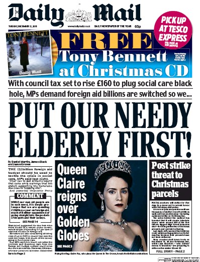 Daily Mail Newspaper Front Page for 13 December 2016