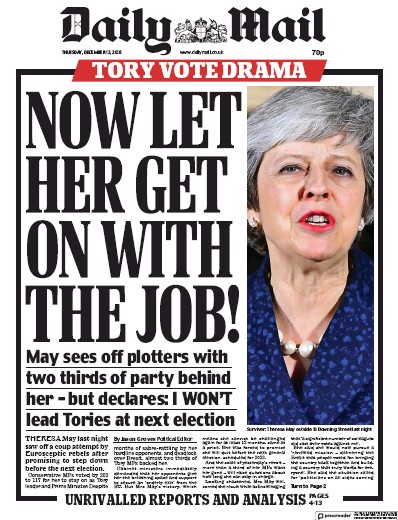 Daily Mail (UK) Newspaper Front Page for 13 December 2018