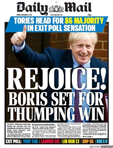 Daily Mail Newspaper Front Page for 13 December 2019