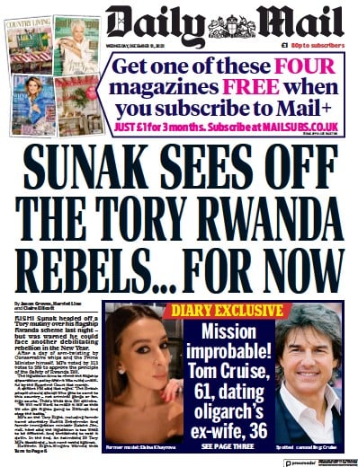 Daily Mail Newspaper Front Page for 13 December 2023