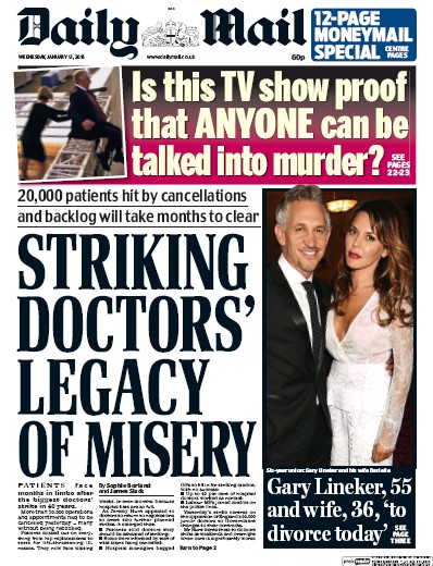 Daily Mail Newspaper Front Page for 13 January 2016
