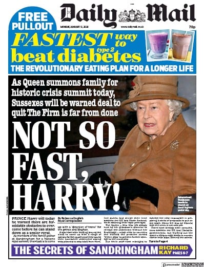 Daily Mail Newspaper Front Page for 13 January 2020