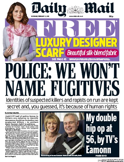 Daily Mail Newspaper Front Page for 13 February 2016