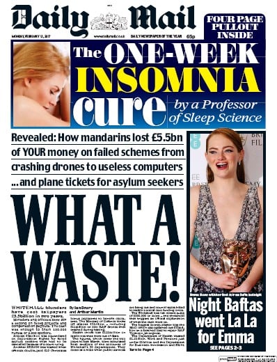 Daily Mail Newspaper Front Page for 13 February 2017