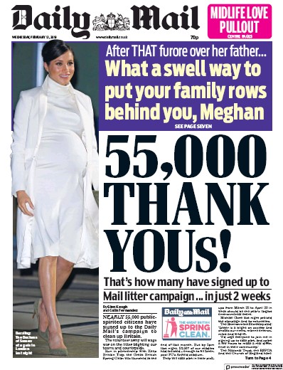Daily Mail (UK) Newspaper Front Page for 13 February 2019