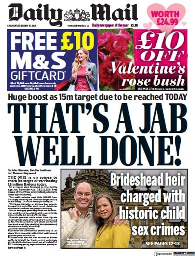 Daily Mail (UK) Newspaper Front Page for 13 February 2021