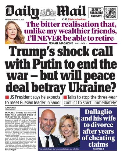Daily Mail (UK) Newspaper Front Page for 13 February 2025