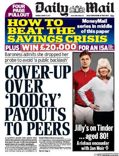 Daily Mail Newspaper Front Page for 13 March 2017