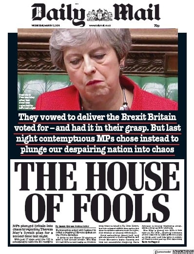 Daily Mail Newspaper Front Page for 13 March 2019