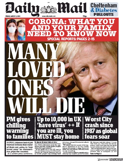 Daily Mail Newspaper Front Page for 13 March 2020