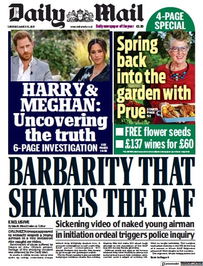 Daily Mail (UK) Newspaper Front Page for 13 March 2021