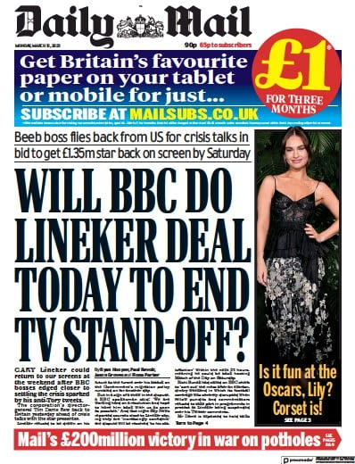 Daily Mail (UK) Newspaper Front Page for 13 March 2023