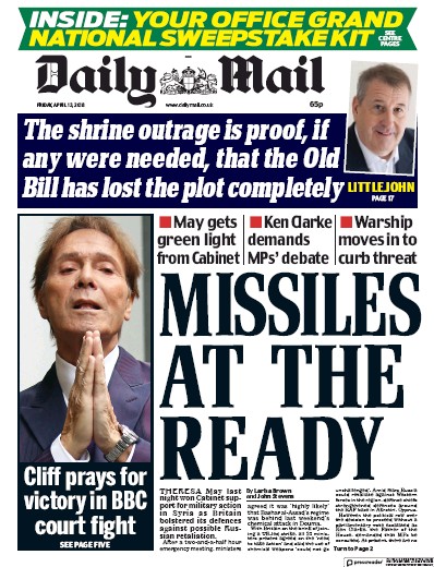 Daily Mail (UK) Newspaper Front Page for 13 April 2018