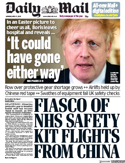 Daily Mail Newspaper Front Page for 13 April 2020