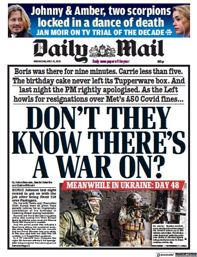 Daily Mail Newspaper Front Page for 13 April 2022