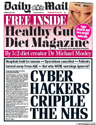 Daily Mail Newspaper Front Page for 13 May 2017