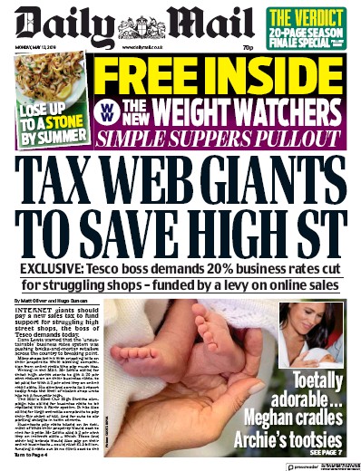 Daily Mail Newspaper Front Page for 13 May 2019