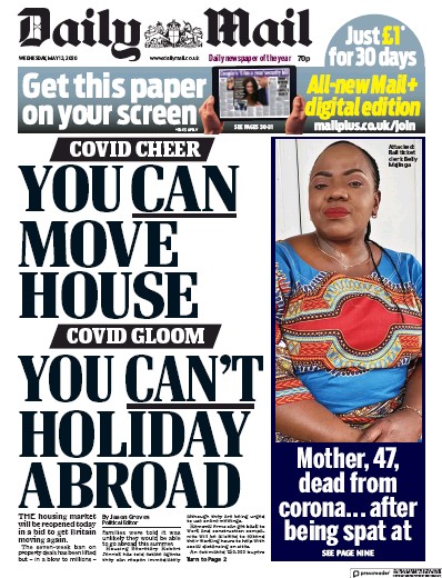 Daily Mail Newspaper Front Page for 13 May 2020