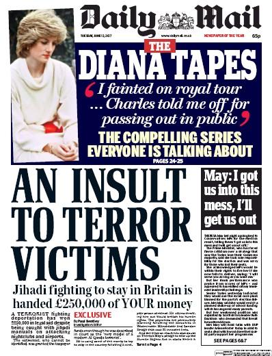 Daily Mail Newspaper Front Page for 13 June 2017